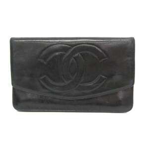 CHANEL Authentic Black Lambskin Leather Logo Wallet
